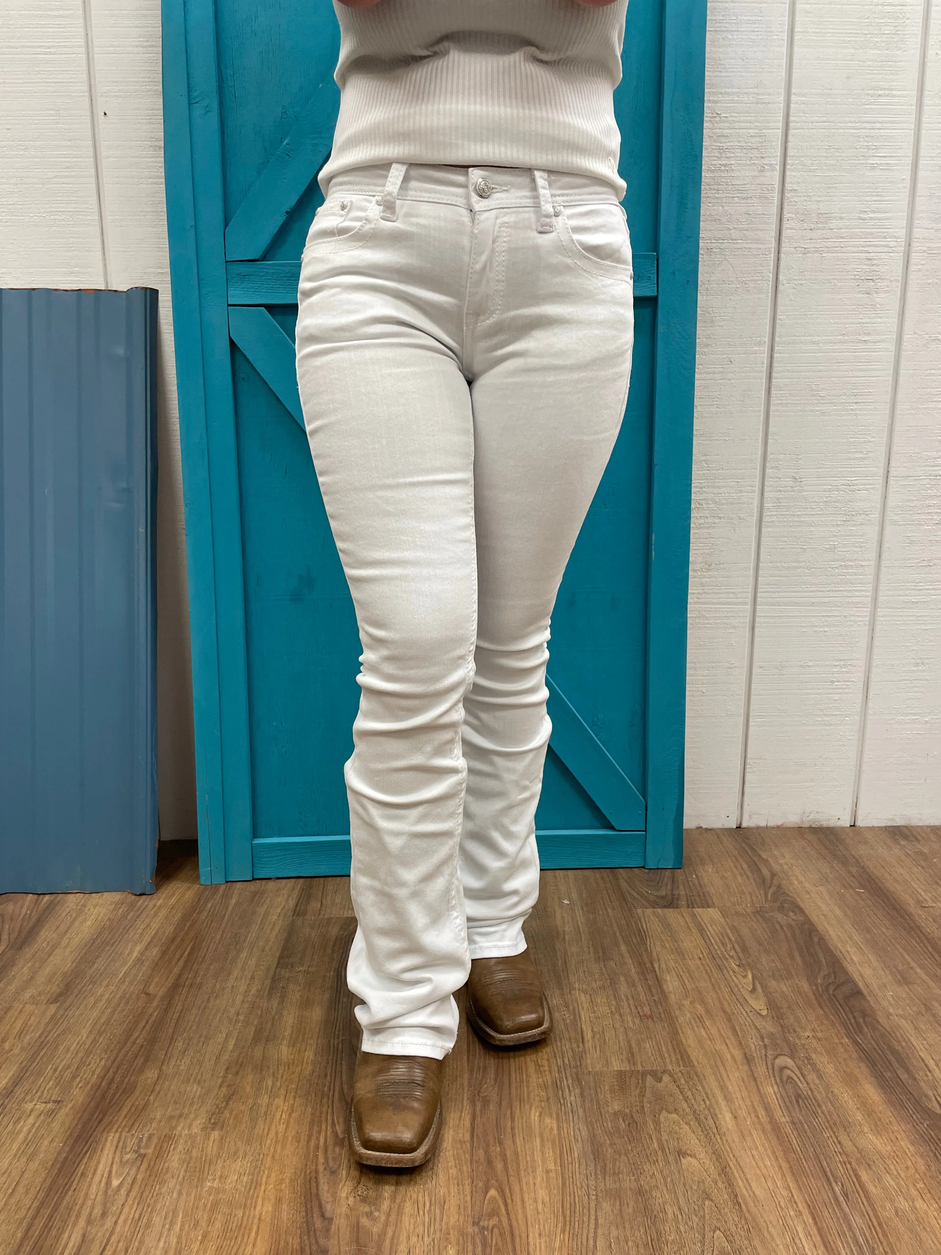 Grace in LA Easy Fit White Fleur-De-Lis Pocket Design Bootcut Jeans EB61832