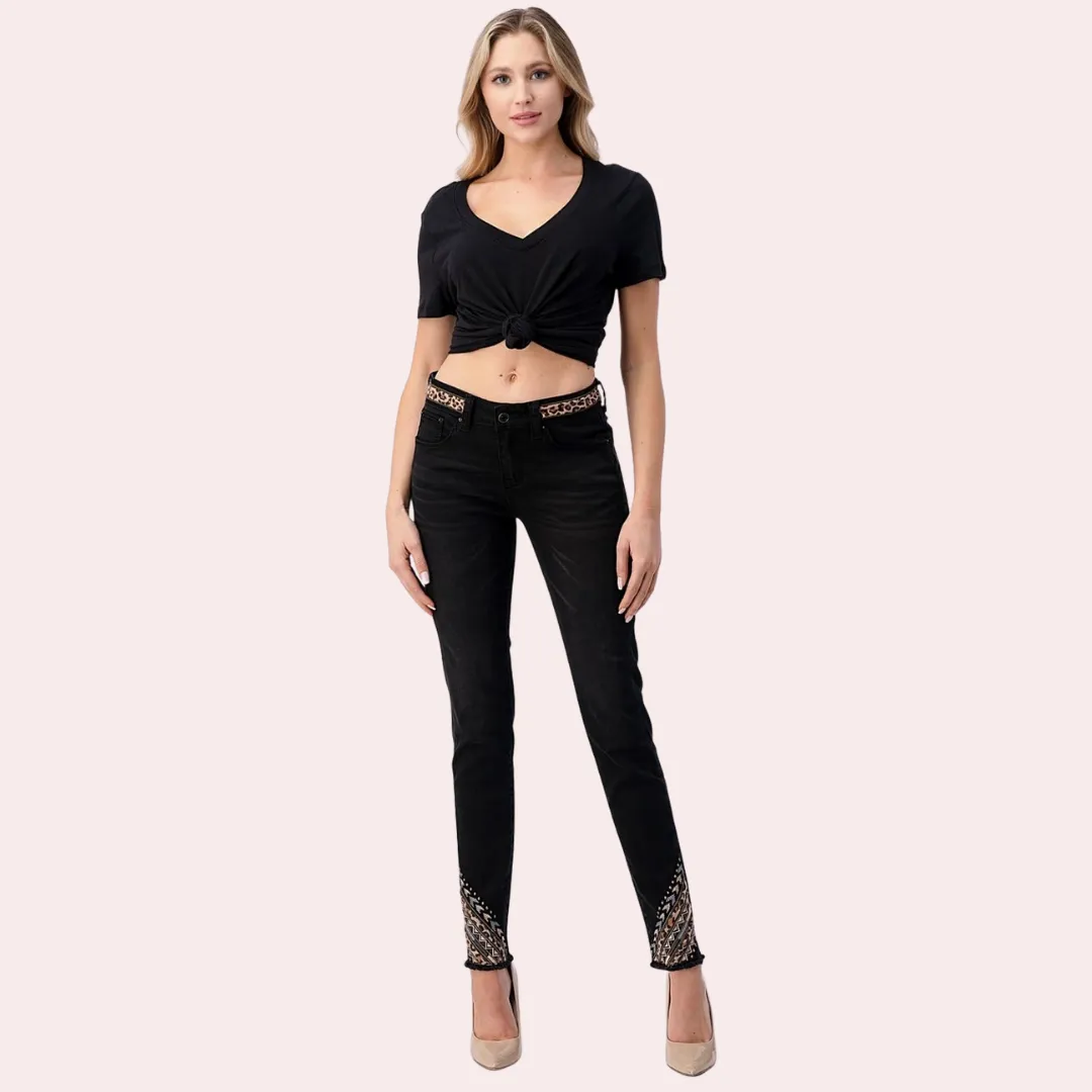 Grace in LA Leopard Trim Design Mid Rise Black Skinny jeans