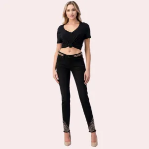 Grace in LA Leopard Trim Design Mid Rise Black Skinny jeans
