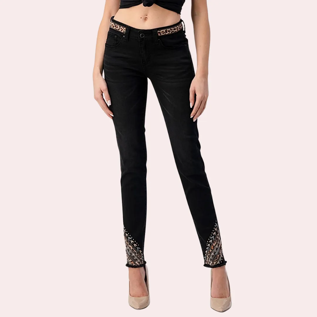 Grace in LA Leopard Trim Design Mid Rise Black Skinny jeans