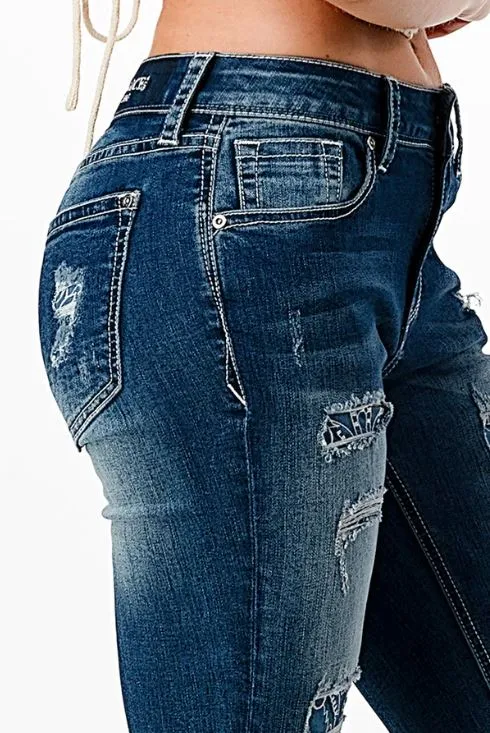 GRACE IN LA Patch Work Distressed Med Blue Mid Rise Skinny Jeans