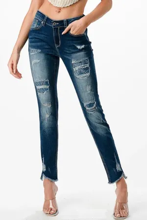 GRACE IN LA Patch Work Distressed Med Blue Mid Rise Skinny Jeans