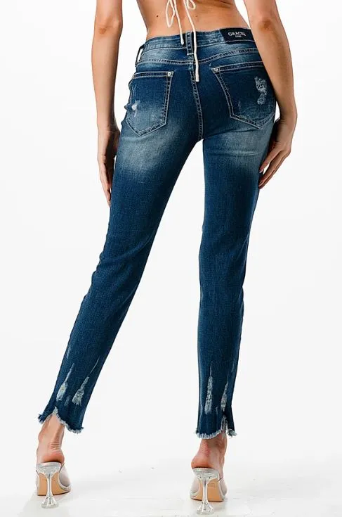 GRACE IN LA Patch Work Distressed Med Blue Mid Rise Skinny Jeans