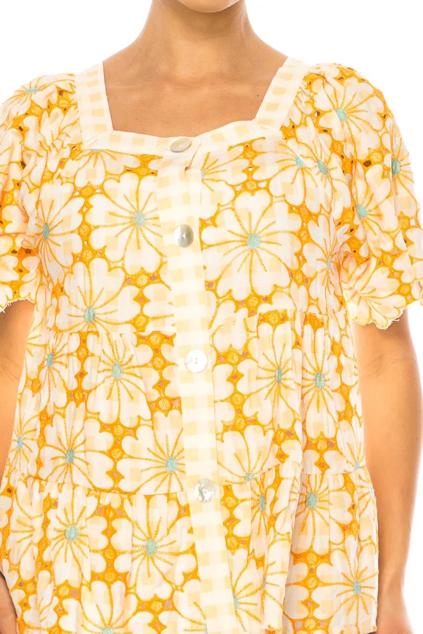 Grand & Greene Checkered Floral Embroidered Top