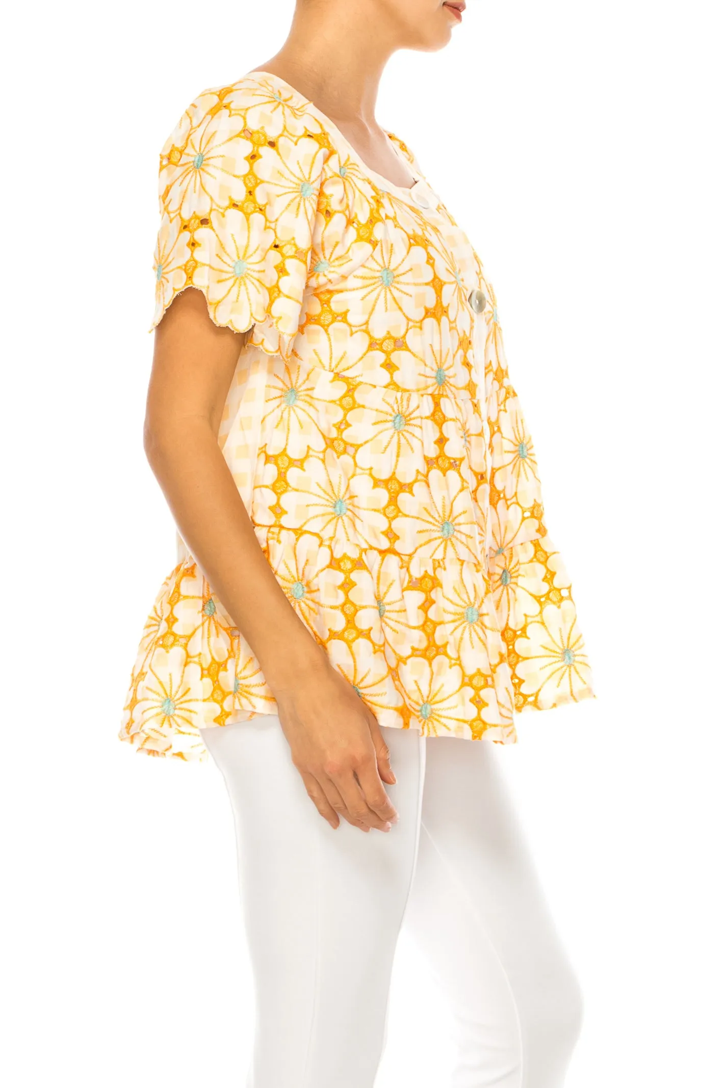 Grand & Greene Checkered Floral Embroidered Top