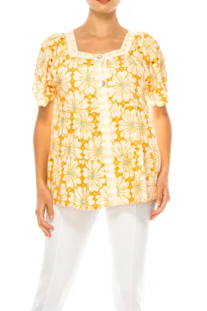 Grand & Greene Checkered Floral Embroidered Top