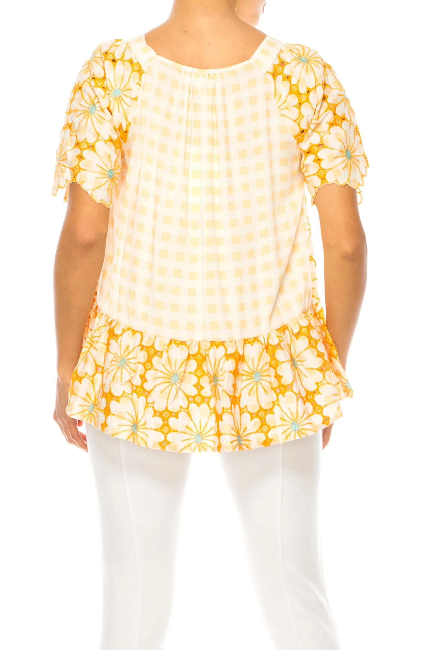 Grand & Greene Checkered Floral Embroidered Top