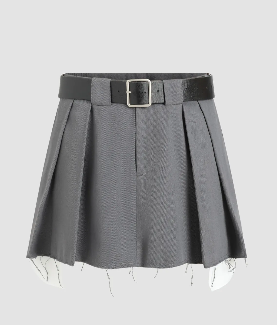 Gray Paint Pleated Mini Skirt With Belt