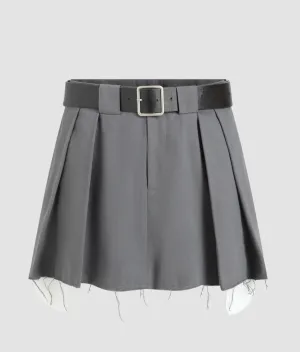 Gray Paint Pleated Mini Skirt With Belt