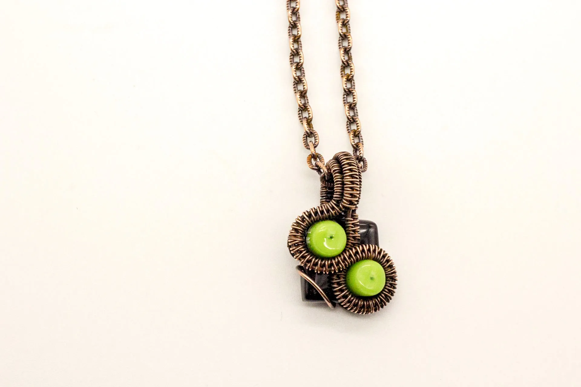 Green and Black Mini Pendant with Copper Wire Wrapping