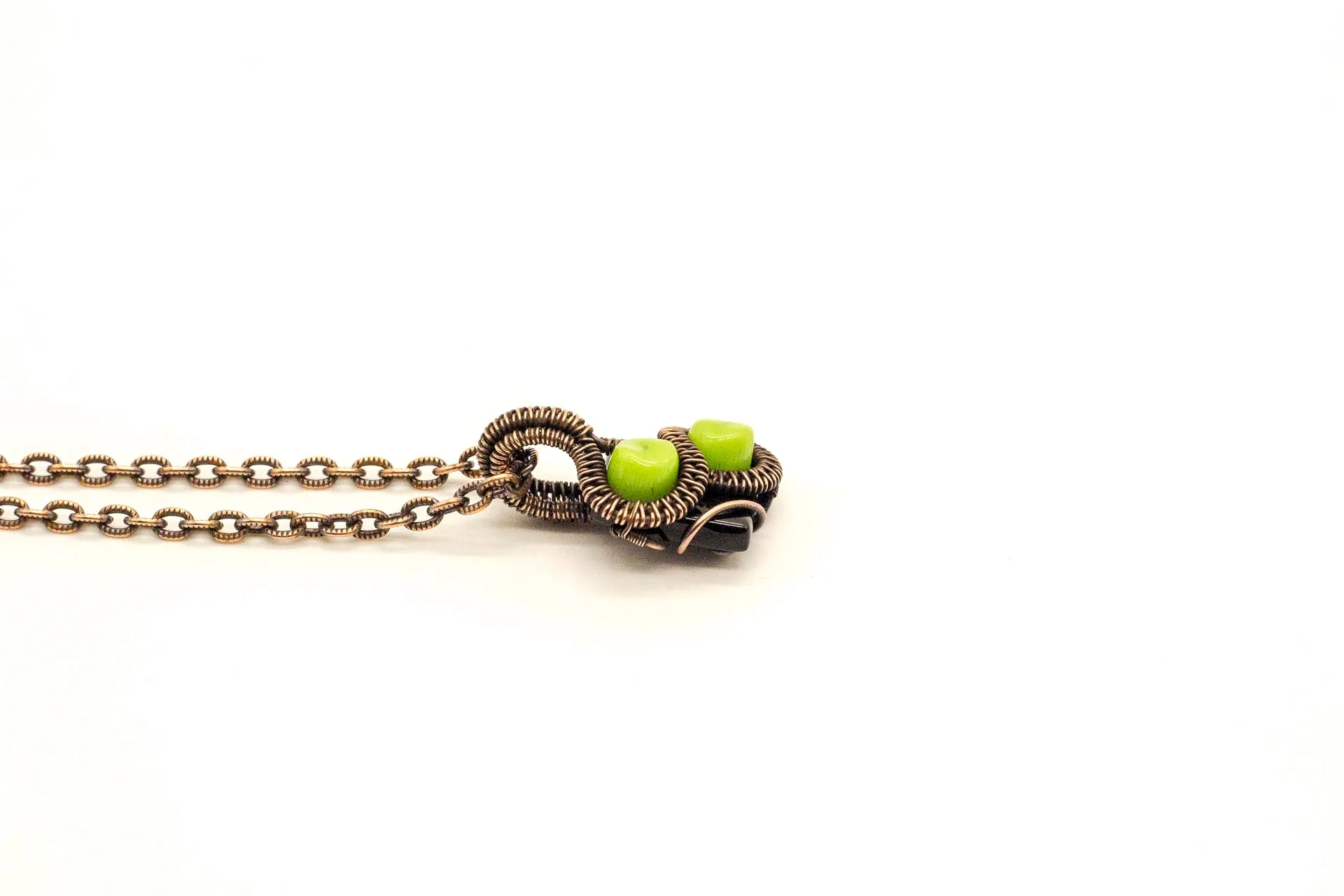 Green and Black Mini Pendant with Copper Wire Wrapping