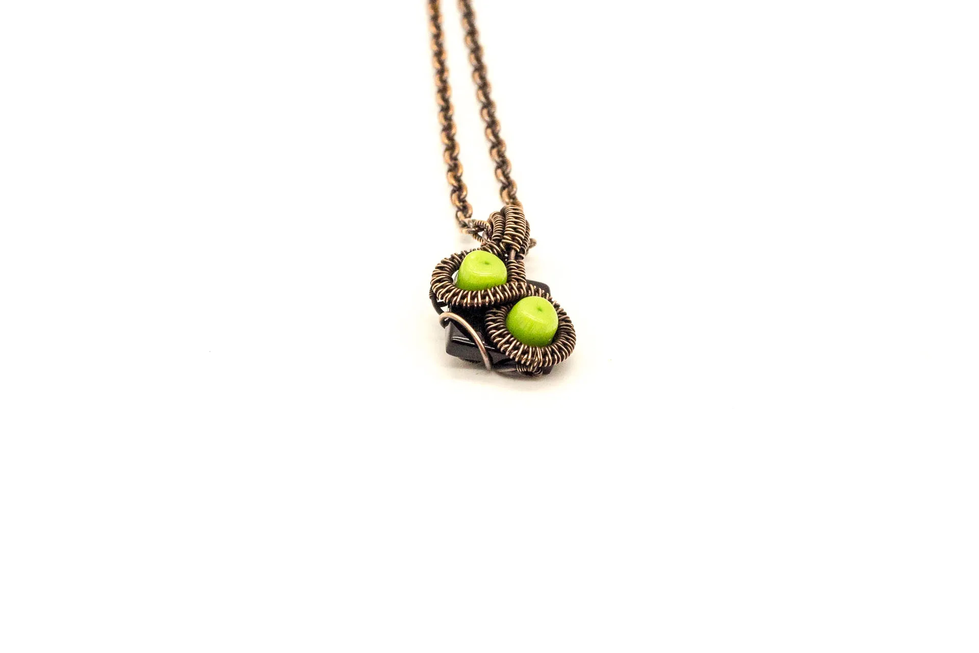 Green and Black Mini Pendant with Copper Wire Wrapping