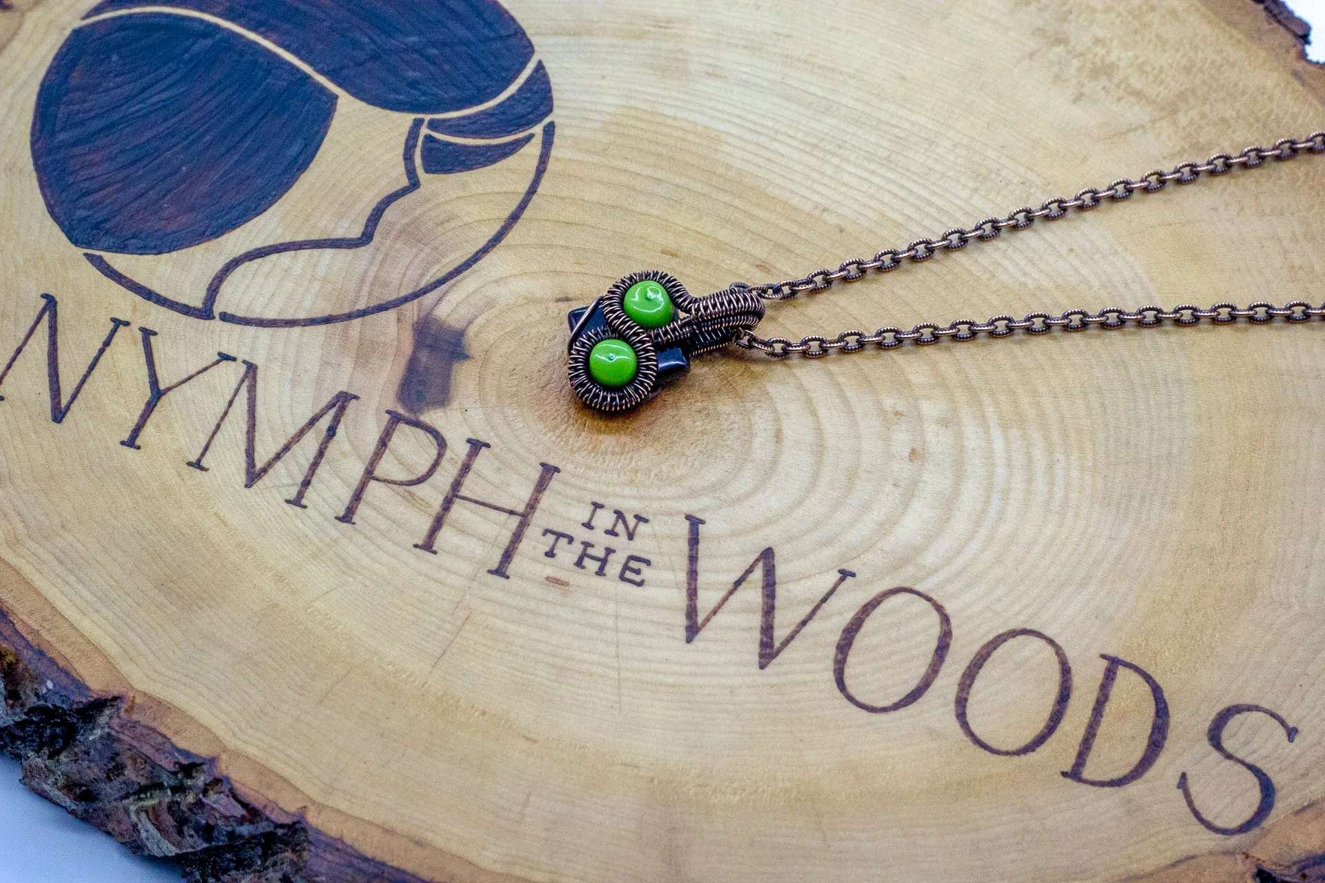 Green and Black Mini Pendant with Copper Wire Wrapping