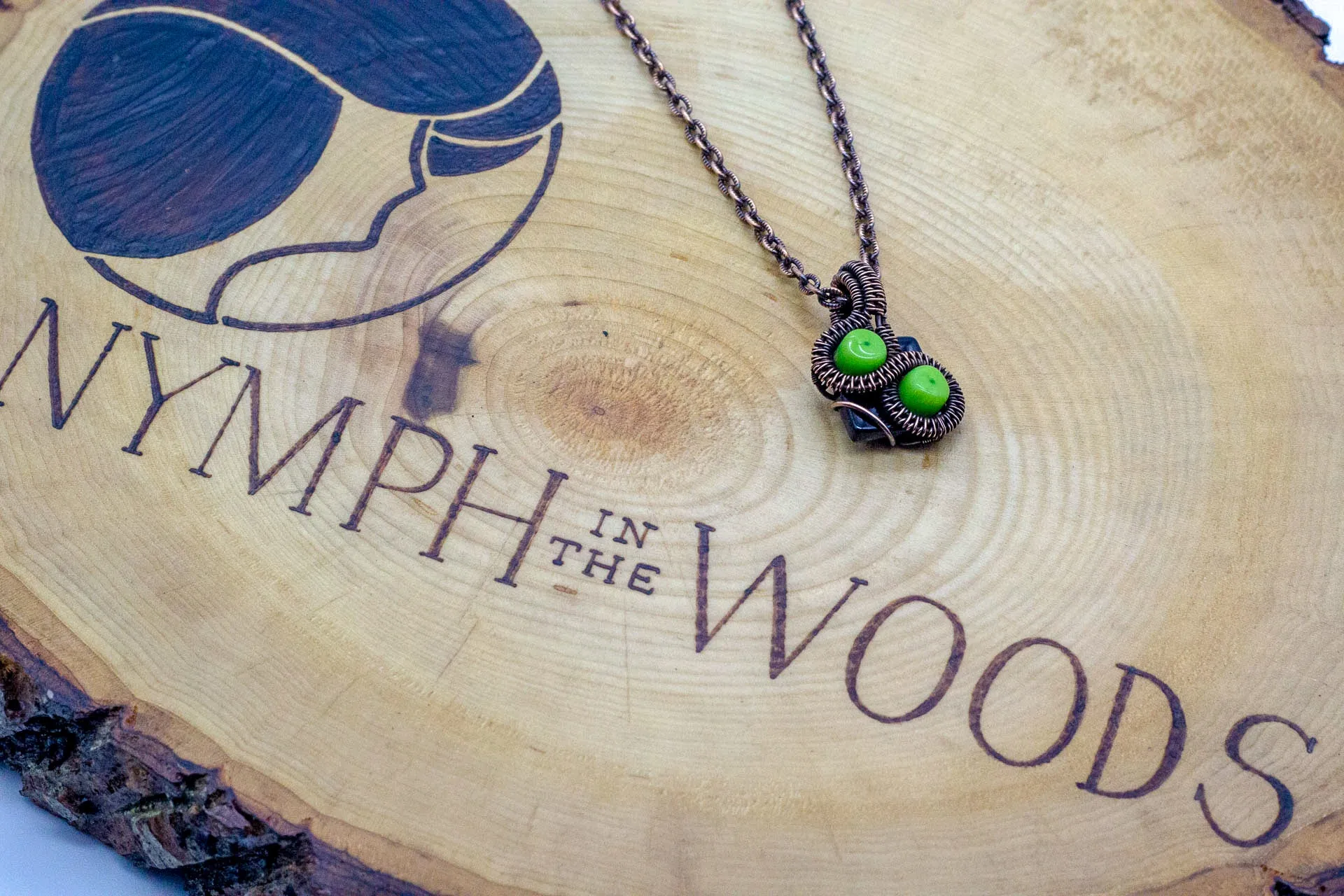 Green and Black Mini Pendant with Copper Wire Wrapping