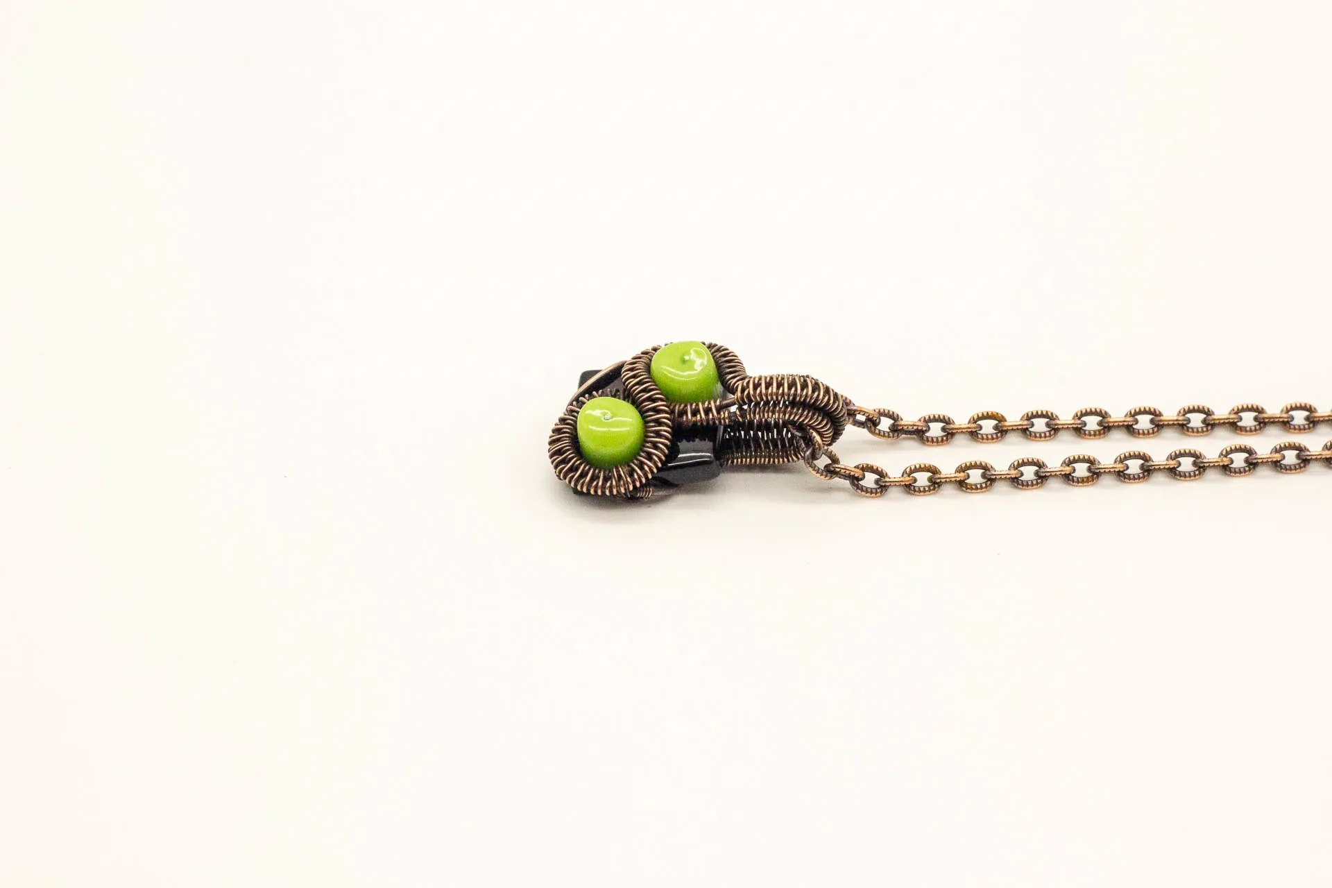 Green and Black Mini Pendant with Copper Wire Wrapping