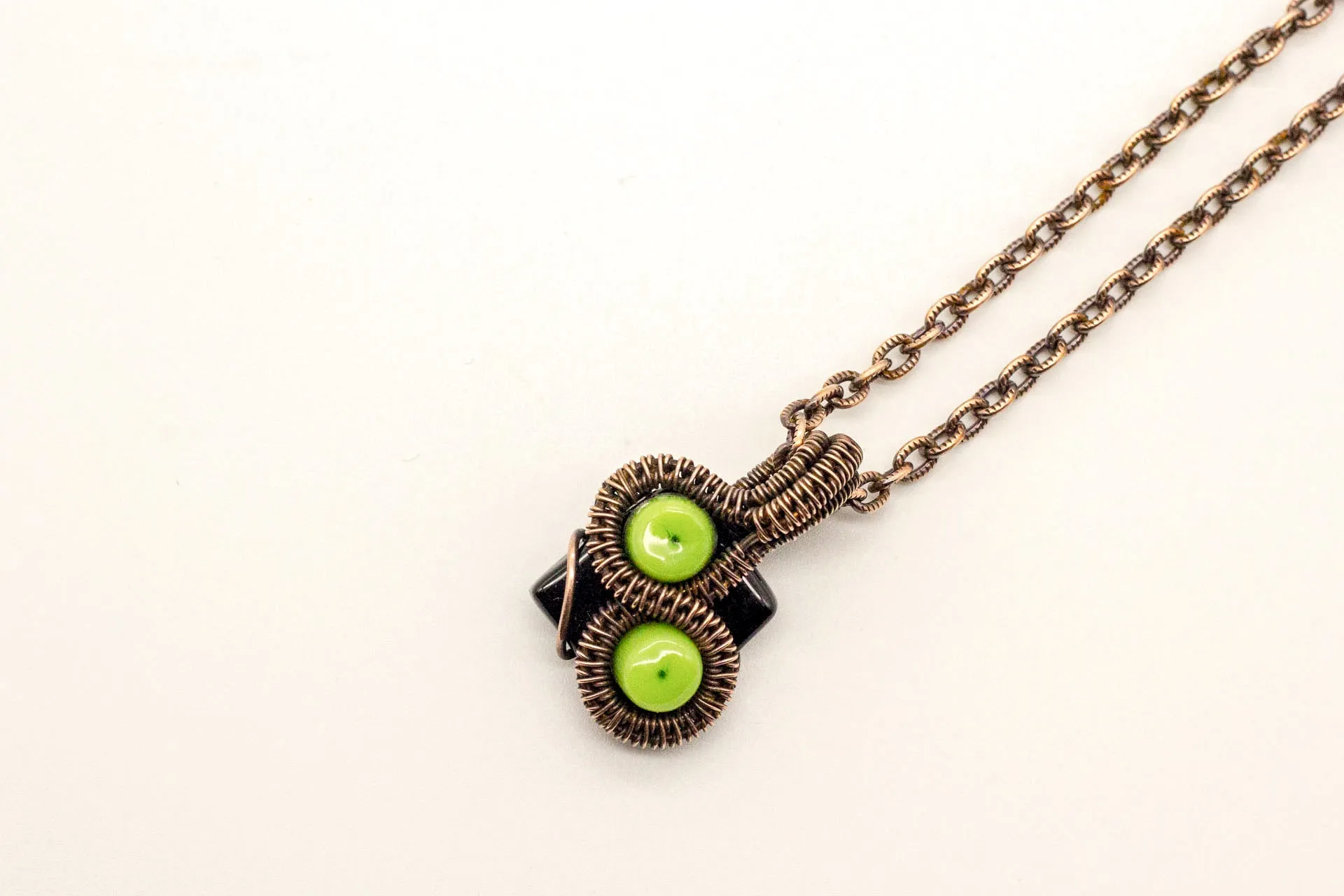 Green and Black Mini Pendant with Copper Wire Wrapping