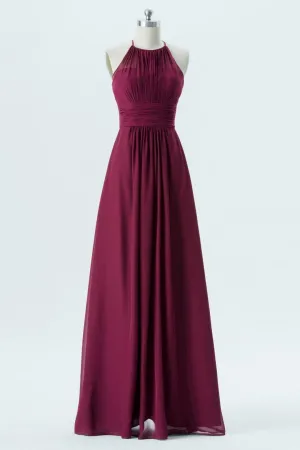 Halter Plum Chiffon Long Bridesmaid Dress