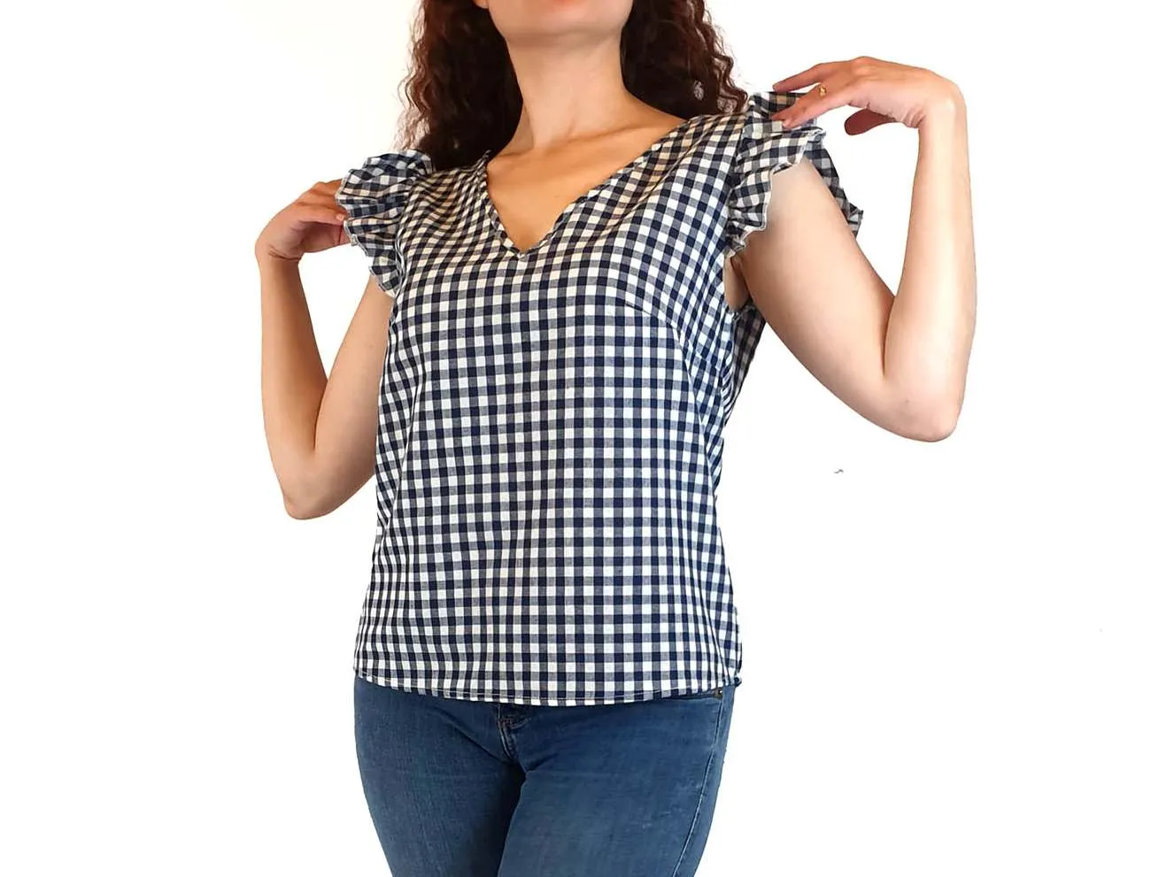 Handmade blue and white gingham top best fits size 10