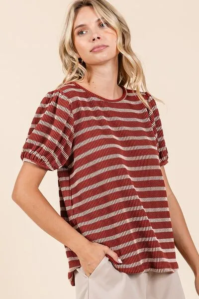 Hazel Blues® |  Mittoshop Contrast Striped Short Puff Sleeve Knit Top