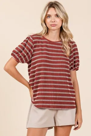 Hazel Blues® |  Mittoshop Contrast Striped Short Puff Sleeve Knit Top