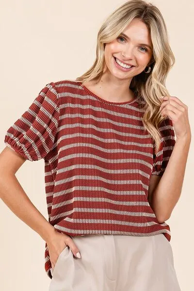 Hazel Blues® |  Mittoshop Contrast Striped Short Puff Sleeve Knit Top