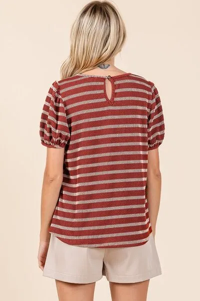 Hazel Blues® |  Mittoshop Contrast Striped Short Puff Sleeve Knit Top