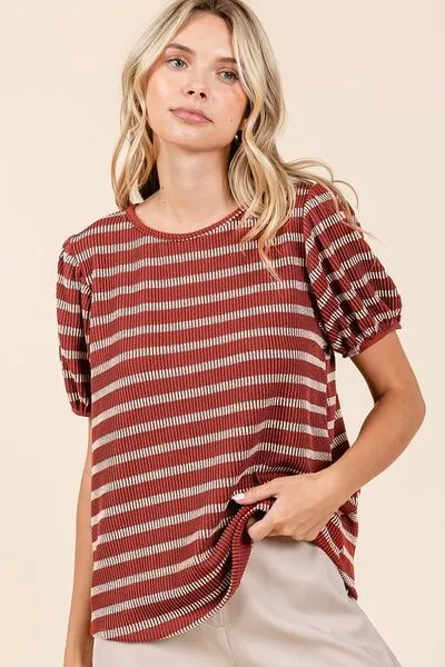 Hazel Blues® |  Mittoshop Contrast Striped Short Puff Sleeve Knit Top