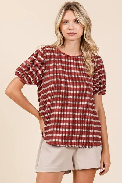 Hazel Blues® |  Mittoshop Contrast Striped Short Puff Sleeve Knit Top