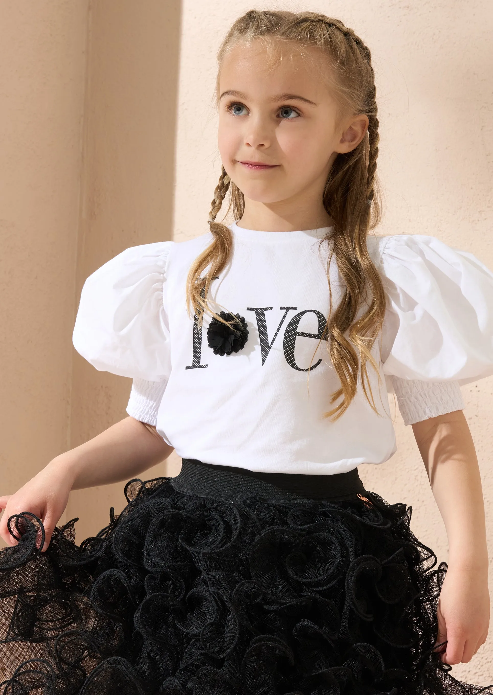 Heidi White Woven Puff Sleeve Love T