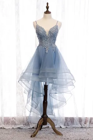 High Low Blue Lace Appliques Party Dress