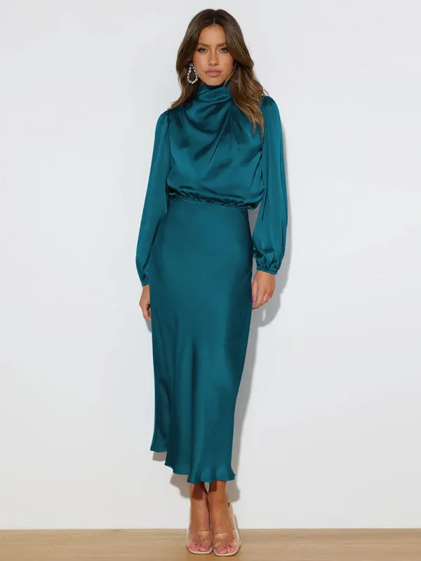 High Neck Satin Maxi Dress with Long Sleeves