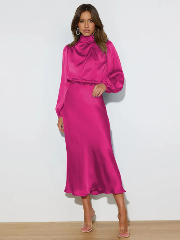 High Neck Satin Maxi Dress with Long Sleeves