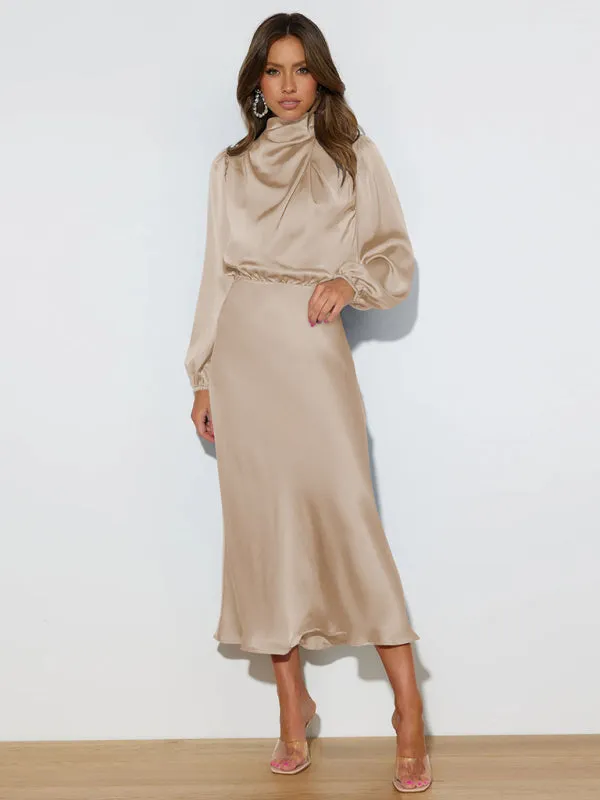 High Neck Satin Maxi Dress with Long Sleeves