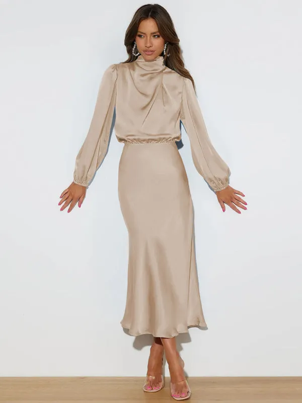 High Neck Satin Maxi Dress with Long Sleeves