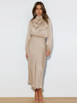 High Neck Satin Maxi Dress with Long Sleeves