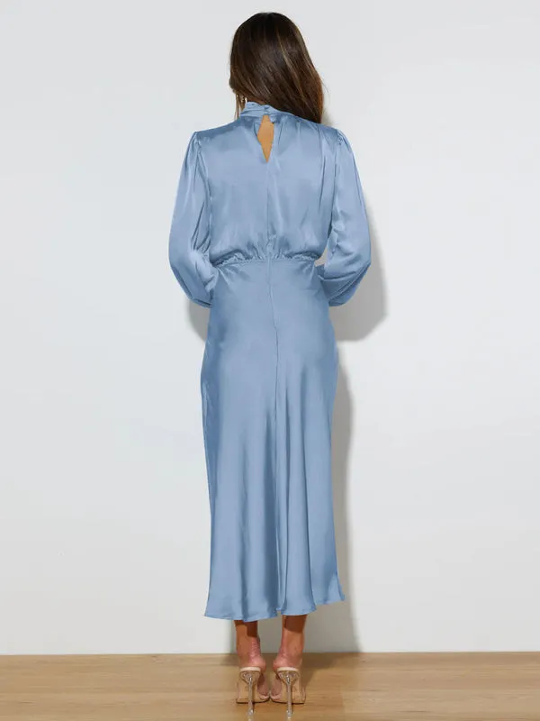 High Neck Satin Maxi Dress with Long Sleeves