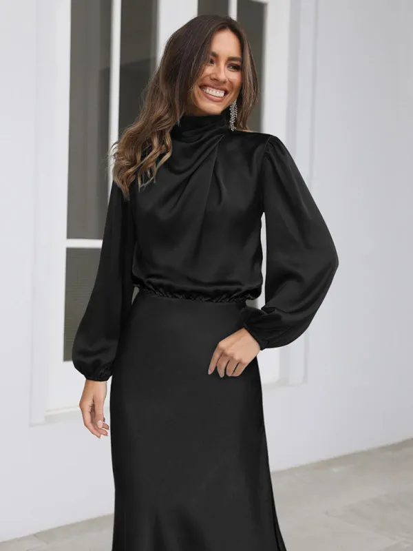 High Neck Satin Maxi Dress with Long Sleeves