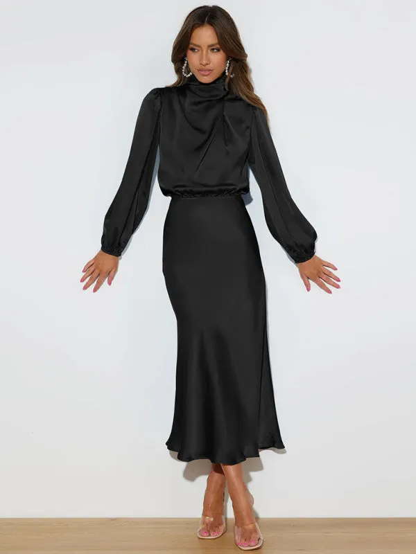 High Neck Satin Maxi Dress with Long Sleeves