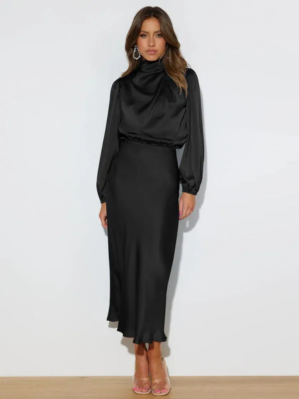 High Neck Satin Maxi Dress with Long Sleeves