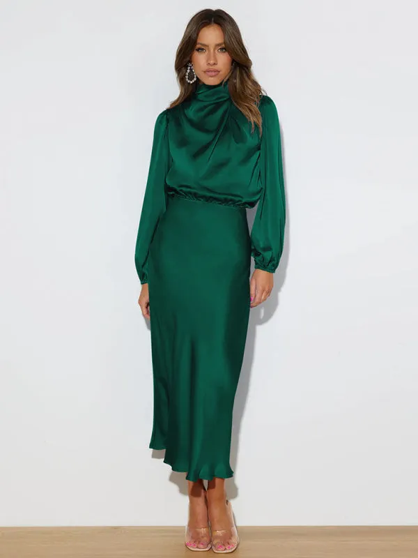 High Neck Satin Maxi Dress with Long Sleeves