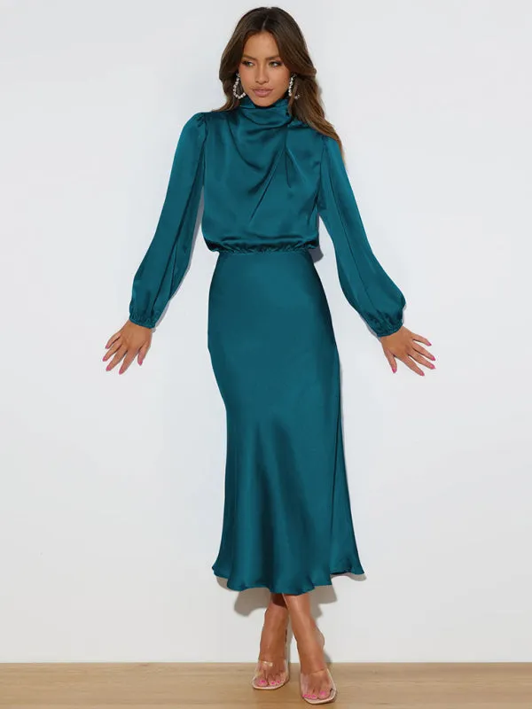 High Neck Satin Maxi Dress with Long Sleeves