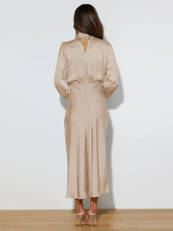 High Neck Satin Maxi Dress with Long Sleeves