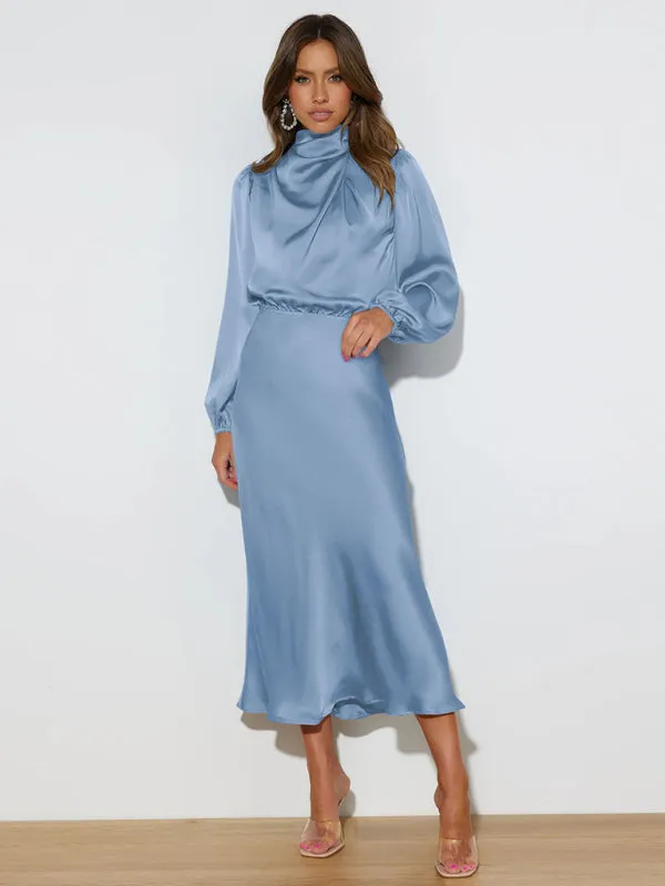 High Neck Satin Maxi Dress with Long Sleeves