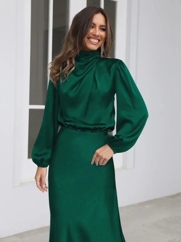 High Neck Satin Maxi Dress with Long Sleeves