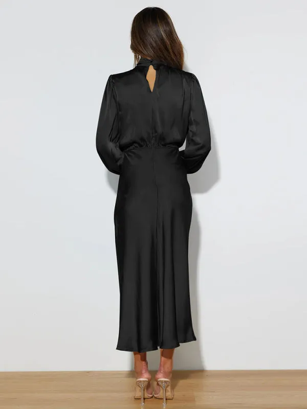 High Neck Satin Maxi Dress with Long Sleeves
