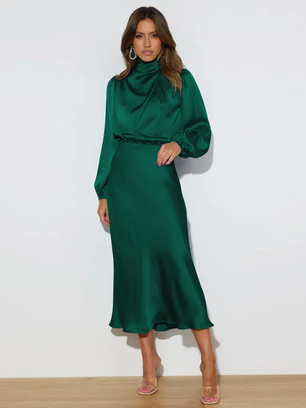 High Neck Satin Maxi Dress with Long Sleeves