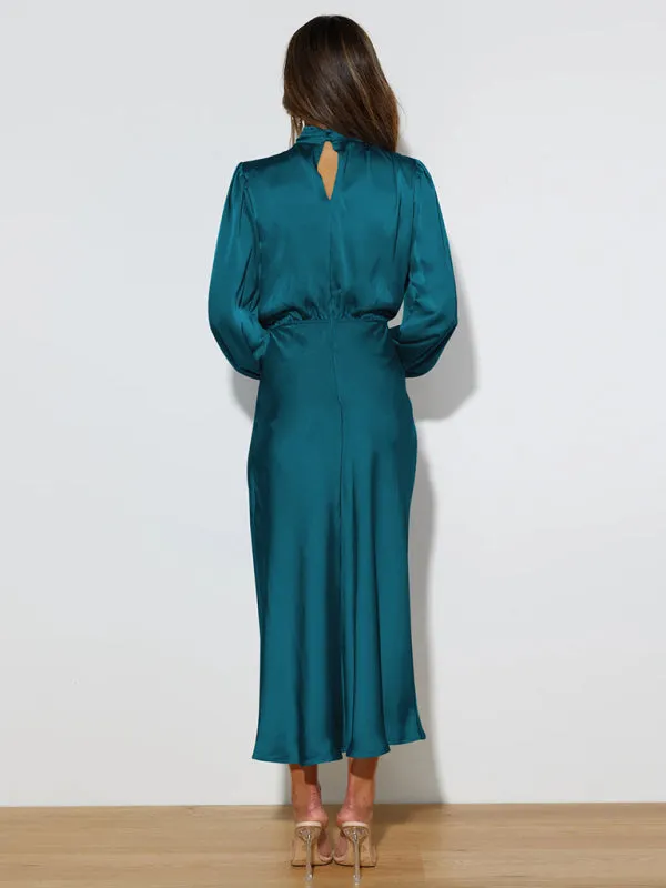 High Neck Satin Maxi Dress with Long Sleeves