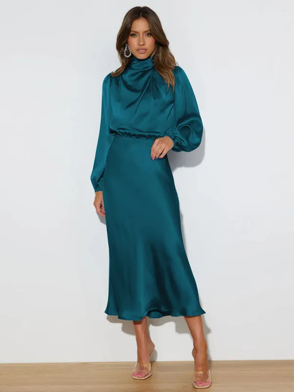High Neck Satin Maxi Dress with Long Sleeves