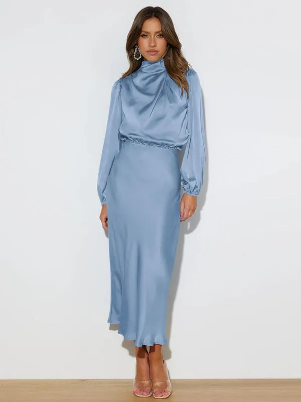 High Neck Satin Maxi Dress with Long Sleeves
