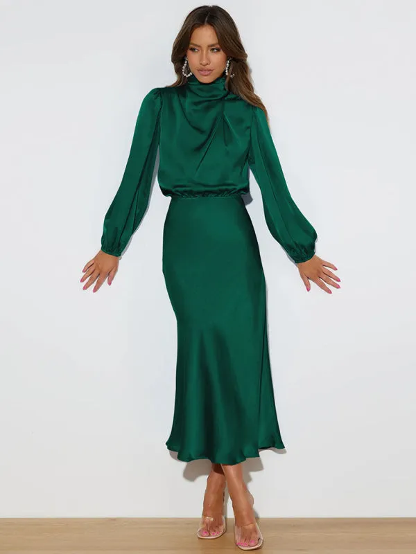 High Neck Satin Maxi Dress with Long Sleeves